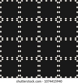 Black and white vector geometric seamless pattern. Dark abstract background with rhombuses, diamond shapes, floral figures, square grid. Monochrome texture. Repeat design for decor, prints, fabric