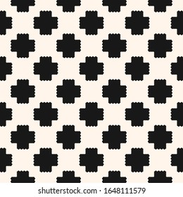 Black and white vector geometric seamless pattern with crosses, jagged shapes, tiles. Ethnic style texture. Abstract monochrome graphic ornament. Simple background. Repeat design for decor, textile