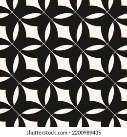 Black and white vector geometric seamless pattern. Abstract monochrome texture with diagonal grid, mesh, net, lattice, curved shapes, interlocking elements. Stylish modern background. Repeat design