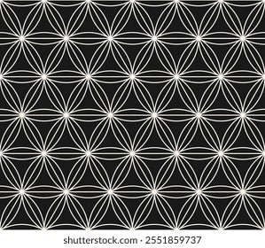 Black and white vector geometric seamless pattern with floral grid, thin lines, hexagons, triangles, circles, lattice. Abstract minimal linear background in oriental style. Repeated ornament texture