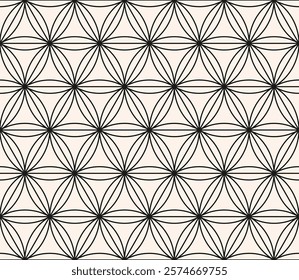 Black and white vector geometric seamless pattern with floral grid, thin lines, hexagons, triangles, circles, lattice. Abstract minimal linear background in oriental style. Repeated monochrome texture