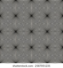 Black and white vector geometric seamless pattern. Optical illusion effect. Abstract texture with broken lines, stripes, burst, tiles. Op art background. Repeating design for decor, print, wallpapers