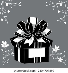 black and white vector gift box with ribbon with flowers
