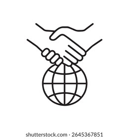 Black and white vector of a global handshake where two hands shaking over a stylized globe, symbolizing international partnership, unity, and cooperation.
