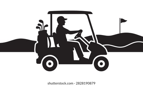 Black and white vector of a golfer in a cart traversing a rolling landscape.