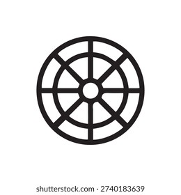 Black and white vector graphic of the Buddhist Wheel of Law with eight spokes. A sacred symbol of dharma and the Noble Eightfold Path.