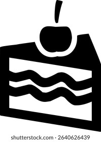 Black and white vector graphic of a cake slice with cherry on top, layered with wavy filling, simple icon for desserts and celebration themes.