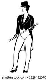 Black & white vector graphic of caucasian female circus ringmaster front-on and Standing, wearing black tail coat, tophat, white leotard, holding a cane in high heels.