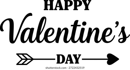 A black and white vector graphic celebrating Valentine's Day with a stylized arrow and heart