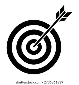 A black and white vector graphic of a circular archery target with an arrow precisely hitting the bullseye, symbolizing success and goals.