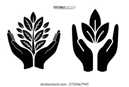 Gráfico de Vector en blanco y negro que representa las manos ahuecadas sosteniendo suavemente delicados arreglos de hojas de alta calidad