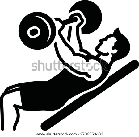 Black and white vector graphic depicting a man performing a bench press with a barbell. Fitness, exercise, and strength training concept.