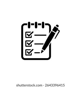 A black and white vector graphic depicts a checklist on a clipboard with three completed tasks. A pen lays across the page suggesting completion or editing.