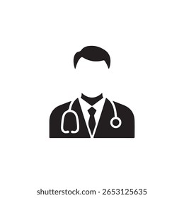 Black and white vector graphic of a doctor icon illustration. Features a simplified male figure wearing a suit, tie, and stethoscope against a white background.