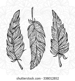 Black and white vector graphic feathers. Zendoodle style.