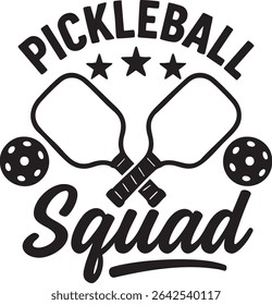 Black and white vector graphic featuring pickleball rackets, balls, and stars with the text "Pickleball Squad".