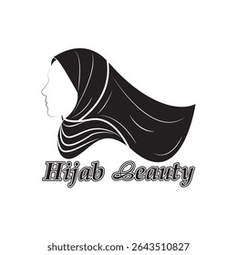 Black and white vector graphic featuring a woman's profile wearing a hijab, with "Hijab Beauty" text below, emphasizing simplicity and elegance.
