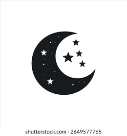Vetor gráfico preto e branco com uma silhueta lua crescente adornada com estrelas de vários tamanhos contra um fundo branco limpo, ideal para projetos gráficos.