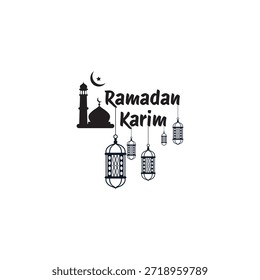 Vetor gráfico preto e branco com o texto 'Ramadan Karim' ao lado de uma silhueta de um minarete da mesquita e várias lanternas decorativas penduradas.