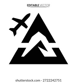 Schwarz-weiße Vektorgrafik mit einem Flugzeug und Berggipfel im Buchstabendesign.