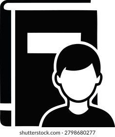 A black and white vector graphic featuring a silhouette of a person standing next to a book, ideal for educational or literary themes.