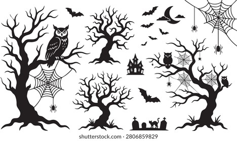 Black and white vector graphic featuring Halloween elements like spooky trees, bats, owls, a haunted castle, spiderwebs, and tombstones.