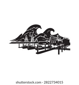 Black and white vector graphic featuring giant sea waves crashing behind calm harbor piers with docked sailboats and small buildings. This minimal artistic illustration captures power of ocean near coastal infrastructure, ideal for maritime projects, nautical branding and travel compositions.