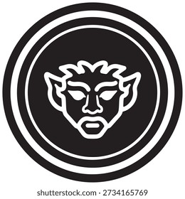 A black and white vector graphic of a fierce goblin's face with pointed ears and an intense expression, enclosed in a circular border.