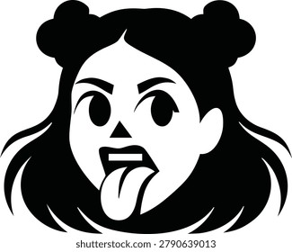 A black and white vector graphic of a girl's face with a playful expression, featuring space buns, expressive eyebrows, and a tongue sticking out.