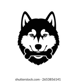 Black and white vector graphic of a husky dog head silhouette holding a bone in its mouth against a white background The style is simple and bold