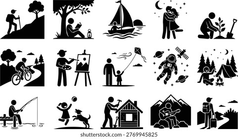 Black and white vector graphic icon set showing various recreational activities and lifestyles of people engaging in different hobbies during their leisure time