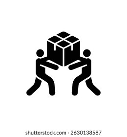 O gráfico vetorial em preto-e-branco ilustra duas pessoas carregando uma grande caixa gravada, simbolizando movimento, entrega, trabalho em equipe, realocação e esforço compartilhado no fundo branco.