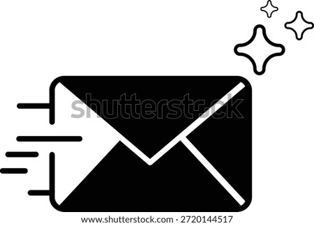 Black and white vector graphic illustrates a quickly moving closed envelope with motion lines indicating rapid transmission alongside two abstract sparkles signifying a new or important message arriving in the digital inbox instantly.