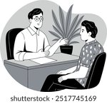 A black and white vector graphic illustration of a therapy session. A therapist with short hair is sitting behind a desk. The therapist is wearing a white shirt and glasses.