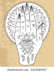 Black and white vector graphic illustration with mystic, esoteric and occult symbol of astral hand against vintage textured background