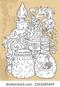 Black and white vector graphic illustration with mystic, esoteric and occult symbol of witch bottles with potion against vintage textured background