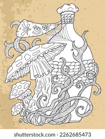Black and white vector graphic illustration with mystic, esoteric and occult symbol of bottle with potion and mushroom against vintage textured background