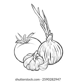 Black and white vector graphic illustration of fresh vegetables tomato, onion and garlic. Suitable for packaging, cookbooks, restaurant menus and logos.