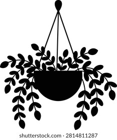 A black and white vector graphic illustration depicting an indoor hanging houseplant with trailing, cascading leafy vines growing out of a suspended half-circle planter basket. This minimalist botanical design is ideal for home decor themes, gardening logos, eco-friendly branding, interior decoration graphics, and nature-inspired concepts.