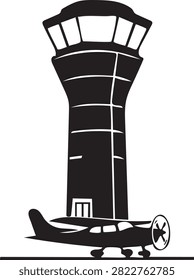 Black and white vector graphic illustration featuring an airport air traffic control tower standing behind a small single-engine propeller airplane, isolated on a white background. Perfect for aviation, travel, and transportation design themes.