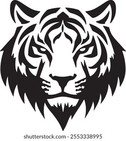 Black and white vector graphic of a minimalist tiger head logo with simple line art. Flat design with symmetrical composition, no shadows, and a clean white background. EPS format.