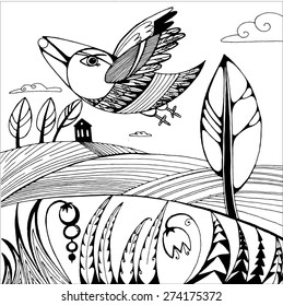 Black and white vector, graphic quality, stylized, funny bird flying over fields and singing about spring
