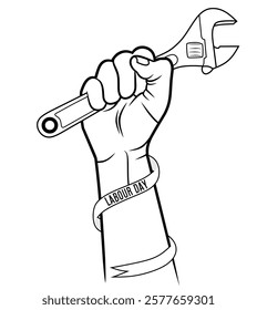 A black and white vector graphic of a raised fist holding a wrench, wrapped with a Labor Day banner. A powerful symbol of working class