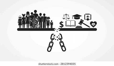 Black and white vector graphic representing the disconnection between diverse groups of people and symbols of societal structure like education, law, finance, and health