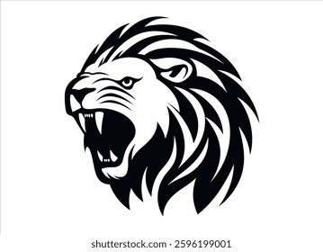 Black and white vector graphic of a roaring lion head logo.