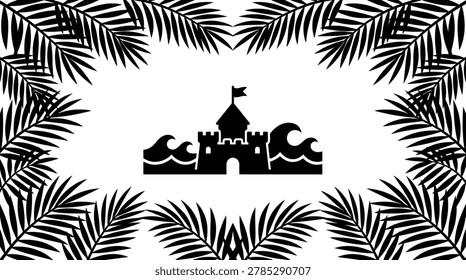 Black and white vector graphic of sandcastle surrounded by tropical palm leaf border for summer beach theme design