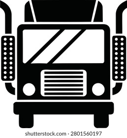 A black and white vector graphic of a semi-truck's front end, featuring a silhouette design with detailed elements.
