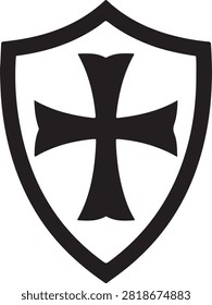 Black and white vector graphic shield illustration featuring a bold crusader cross shape displayed on a clean isolated white background