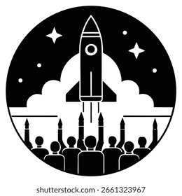Un gráfico de Vector en blanco y negro muestra un cohete que se lanza hacia arriba desde una multitud de personas con siluetas. Las estrellas y las nubes son visibles en el fondo circular.