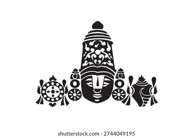 A black and white vector graphic shows the stylized face of Lord Venkateswara, a form of Hindu deity Vishnu. The central figure has a prominent tilak on his forehead and wears an elaborate crown. He is flanked by traditional symbols: the discus (Chakra) on the left and the conch shell (Shankha) on the right, representing the deity's attributes.
